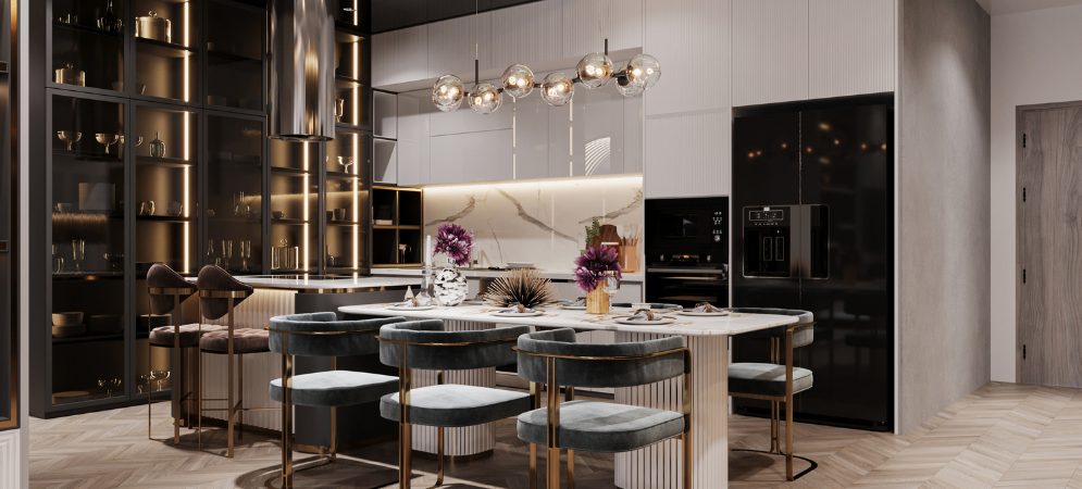 Renovated modern kitchen in Dubai by Deco Wood featuring marble countertops, custom cabinetry, and integrated smart appliances.