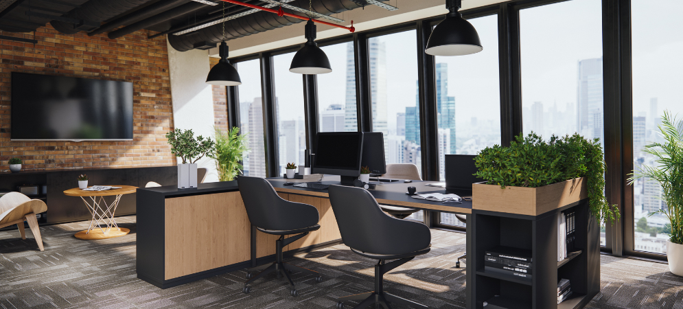 A modern Dubai office interior by Deco Wood featuring ergonomic workstations, collaborative zones, and ambient lighting.